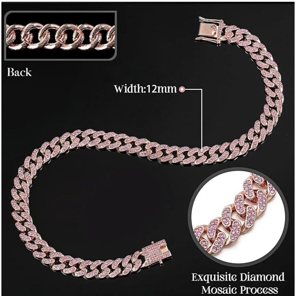 Dog Chain Collar Diamond Link Puppy Collar 12 Mm Wide Rose Gold 10”Pink Necklace